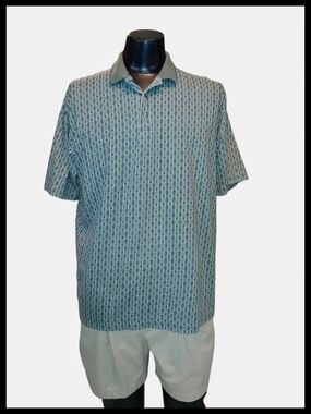 Men's Polo Shirt in Blue and Green Geometric Foulard Print Untied